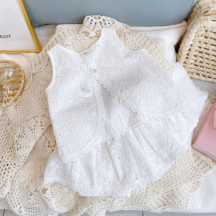 Hollow Lace Suit Sleeveless T - shirt+Shorts - Derslash